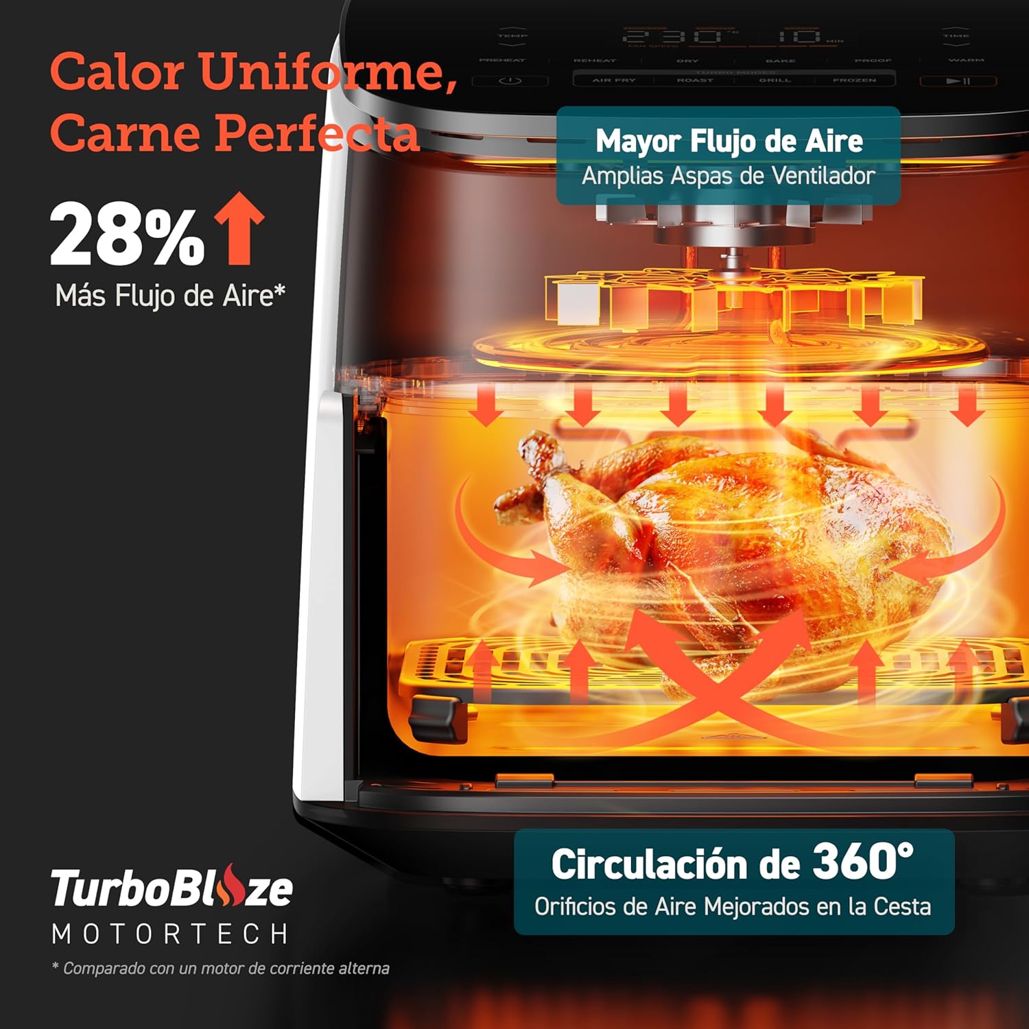 Cosori Turbo Blaze 6L Airfryer, Echte metalen binnenkant, Exclusieve DC-motor, 46% sneller, Temperatuur 30°C tot 230°C, Ideaal voor het braden van vlees, Complete kookprogramma's, Stil 27dB