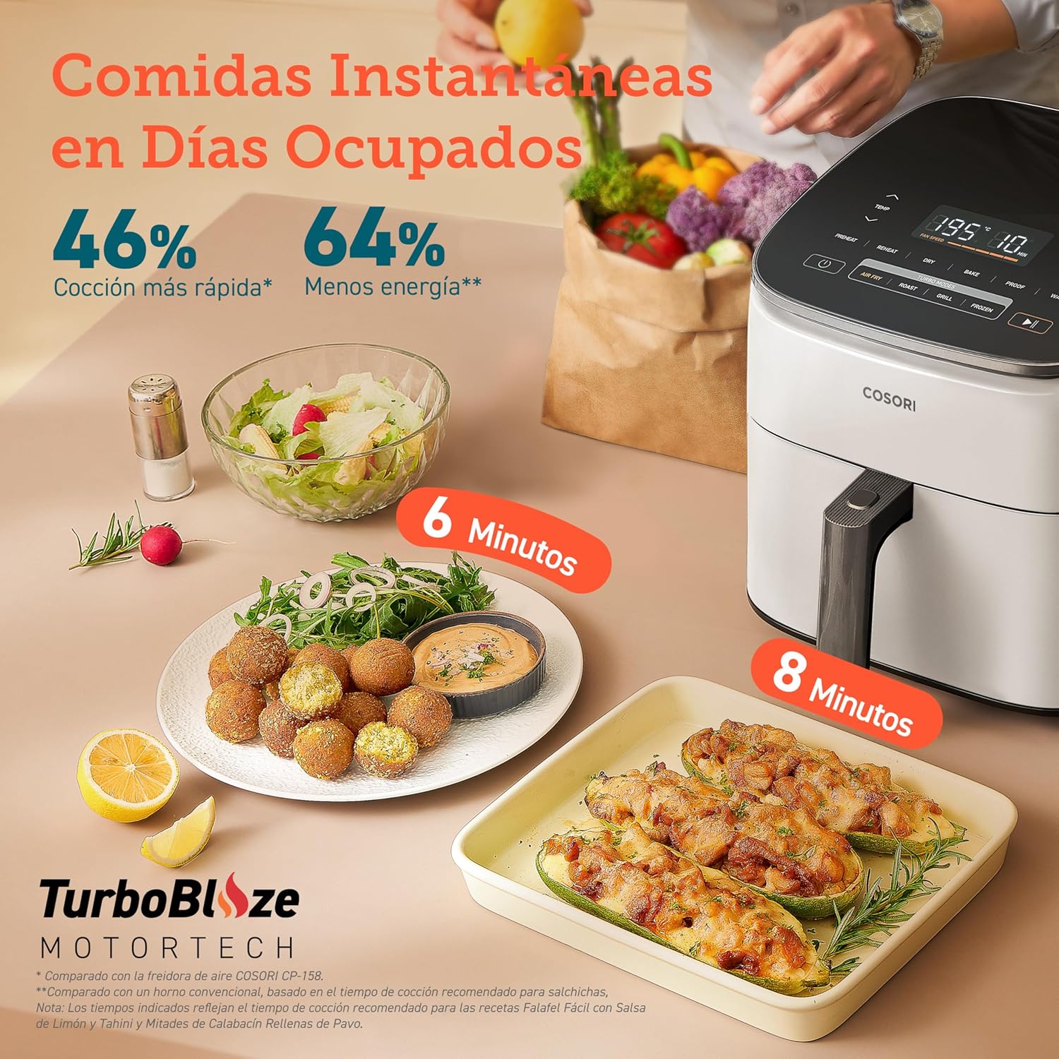 Cosori Turbo Blaze 6L Airfryer, Echte metalen binnenkant, Exclusieve DC-motor, 46% sneller, Temperatuur 30°C tot 230°C, Ideaal voor het braden van vlees, Complete kookprogramma's, Stil 27dB