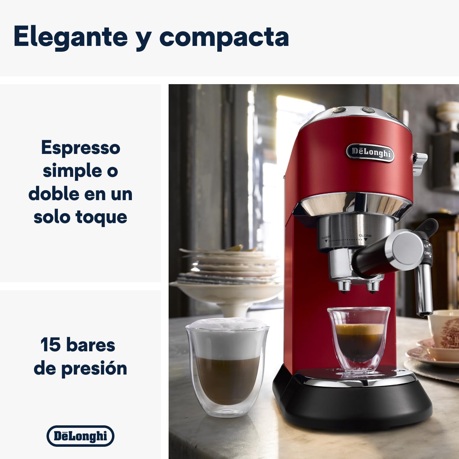 De'Longhi Dedica - RVS pompkoffiezetapparaat voor gemalen koffie of cups, espresso en cappuccino, 1,3 liter reservoir, anti-druppelsysteem, model EC685.M, metaalkleur