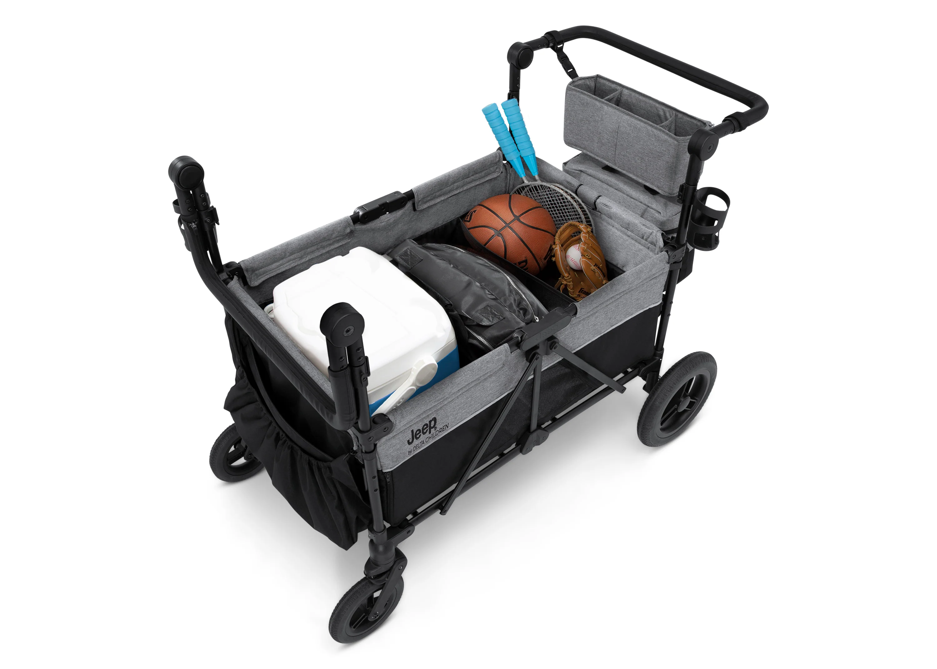Jeep Wrangler Deluxe Kinderwagen voor 4 Kinderen – Afneembare Kap. Geïsoleerde Tas. Modulaire Zitjes. XXL Opbergruimte. Lekvrije Wielen. Verstelbaar Stuur.